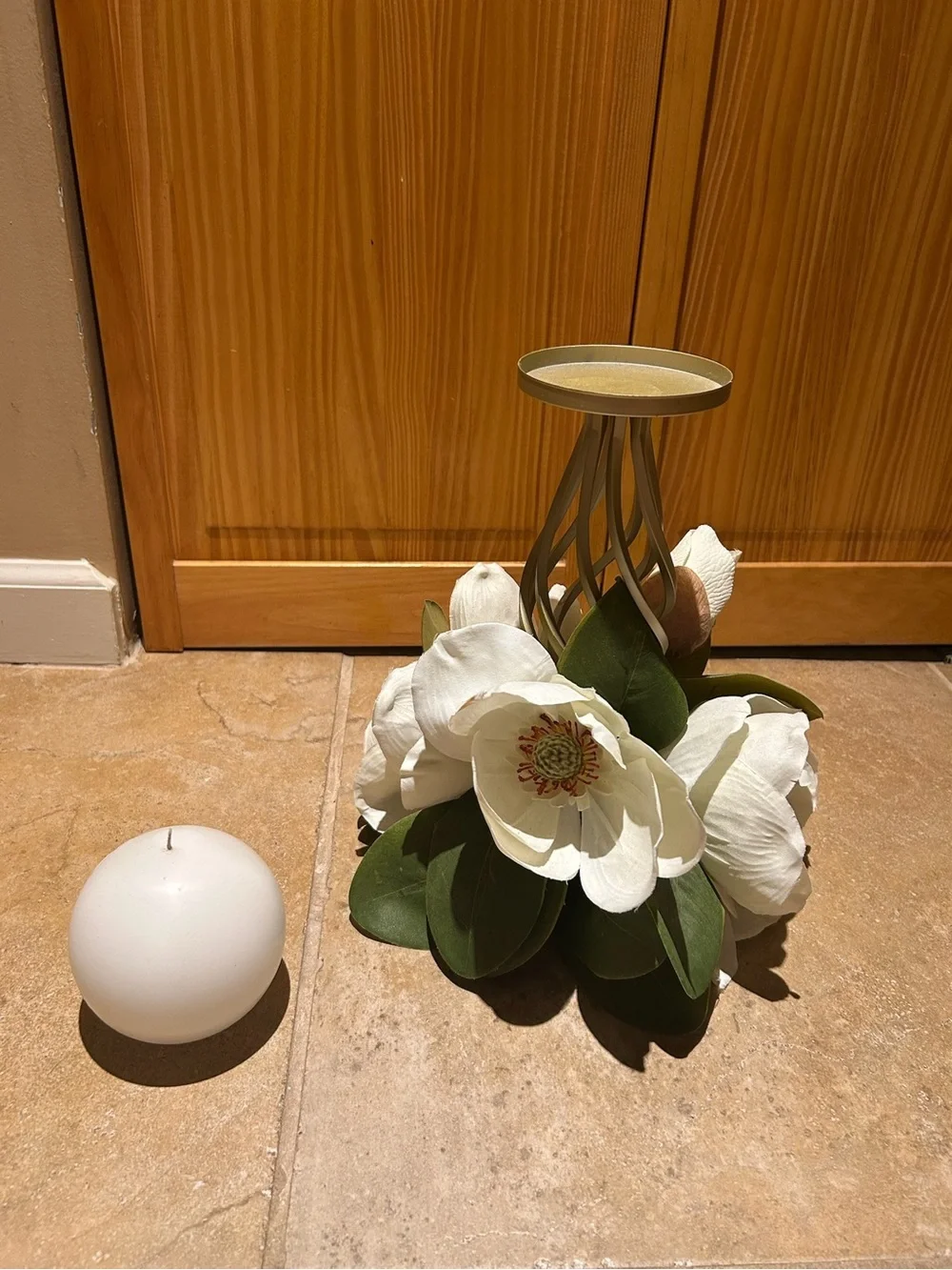 White Floral Magnolia Candle Holder with Green Leaves & White Candle- Home Decor